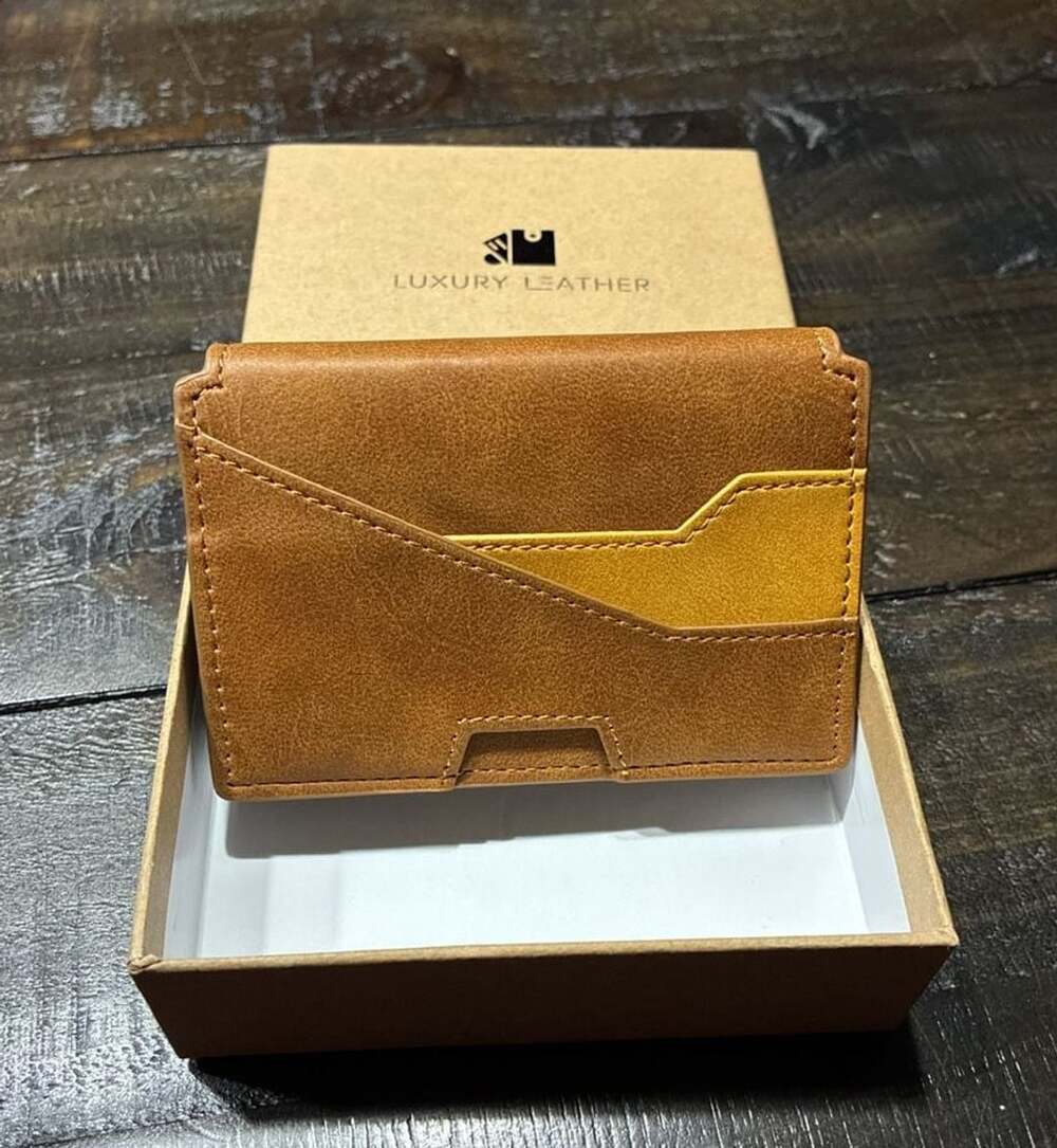 Luxury Leather Pop-Up Card Case RFID Blocking Clip Wallet Brown